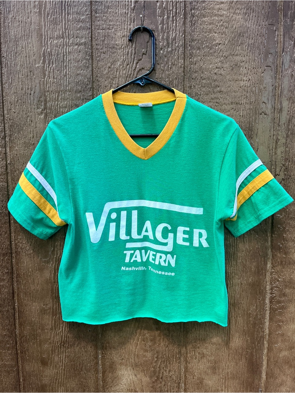 Vintage Green Villager Tavern Cropped T-shirt, Size Small